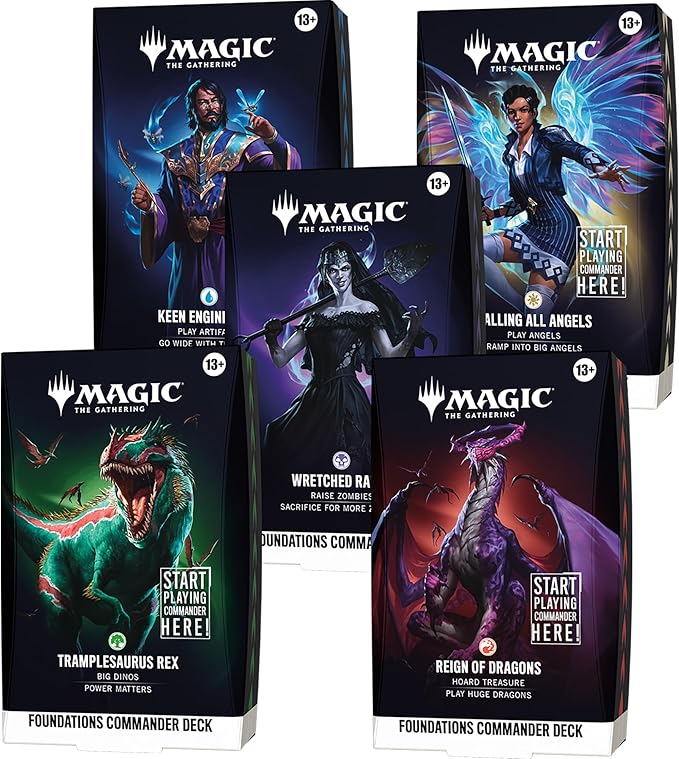 Magic: The Gathering Foundations Commander Deck Set - All 5 Decks (Calling All Angels, Keen Engineering, Wretched Ranks, Reign of Dragons, Tramplesaurus Rex)